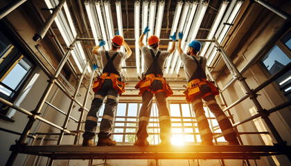 Drei Ger&uuml;stbauer arbeiten auf einem Ger&uuml;st. Die Sonne scheint zum Fenster herein.