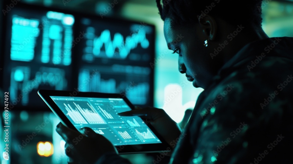 Poster Person Analyzing Data on Tablet and Large Screens