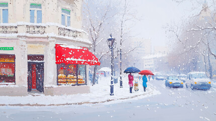 Winter oil painting of a bakery on the street corner in the snow
