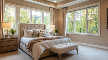 Fototapeta premium Beautiful Colored Mockup Bedroom Interior Blank Poster Decoration Art Background Image, generative AI