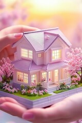 Couples Hands Holding Miniature House with Cherry Blossoms, Symbolizing Homeownership Dreams