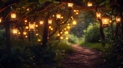 Naklejka premium A forest path lined with glowing lanterns hanging from branches