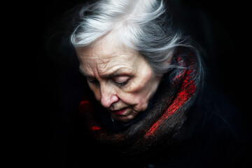Abstract portrait of senior Caucasian woman suffering from dementia and Alzheimer, copy space