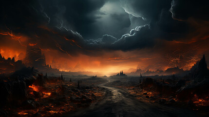 A landscape of dark stormy sky over a dirt road