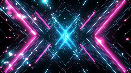 A futuristic abstract background with bright blue and pink lights forming geometric patterns against a black backdrop
