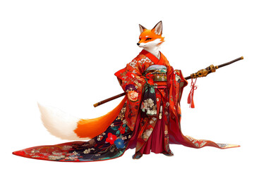 Elegant Anthropomorphic Fox in Ornate Kimono Holding Staff