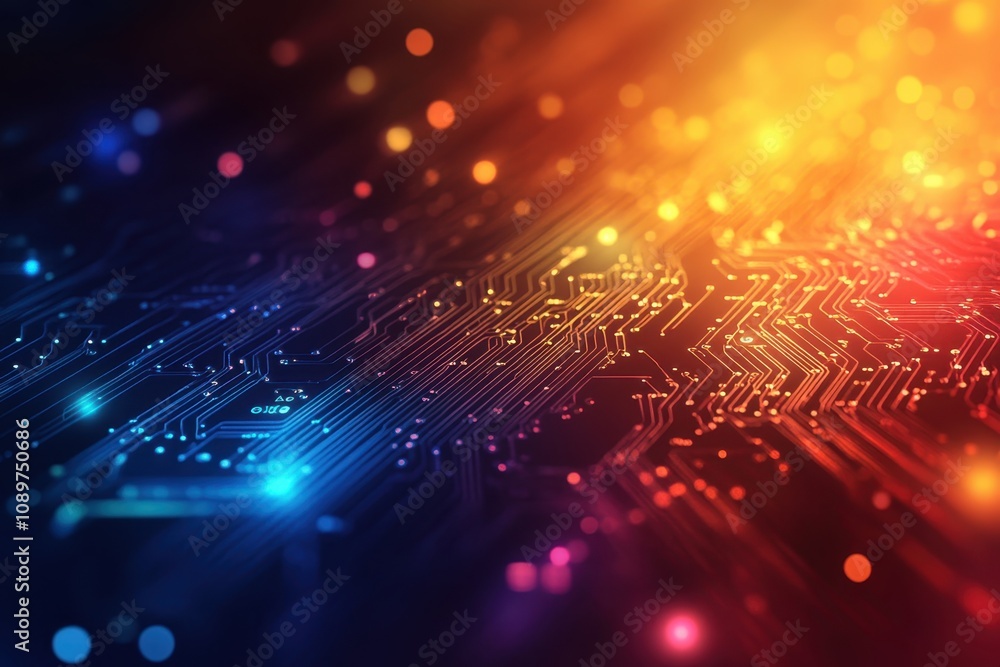 Aufkleber abstract representation of a circuit board illuminated with colorful lights in a dark setting