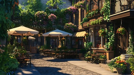 Sunlit cobblestone street with cafes, flowers, and charming buildings.