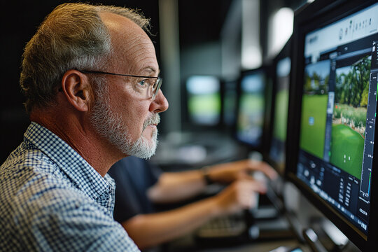 A golfer analyzing swing data on simulator screen, modern indoor facility.