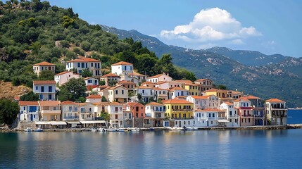Fototapeta premium Colorful waterfront village nestled in a hillside bay.