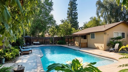 Obraz premium Sunny backyard oasis with inviting swimming pool, lush landscaping, and patio furniture.