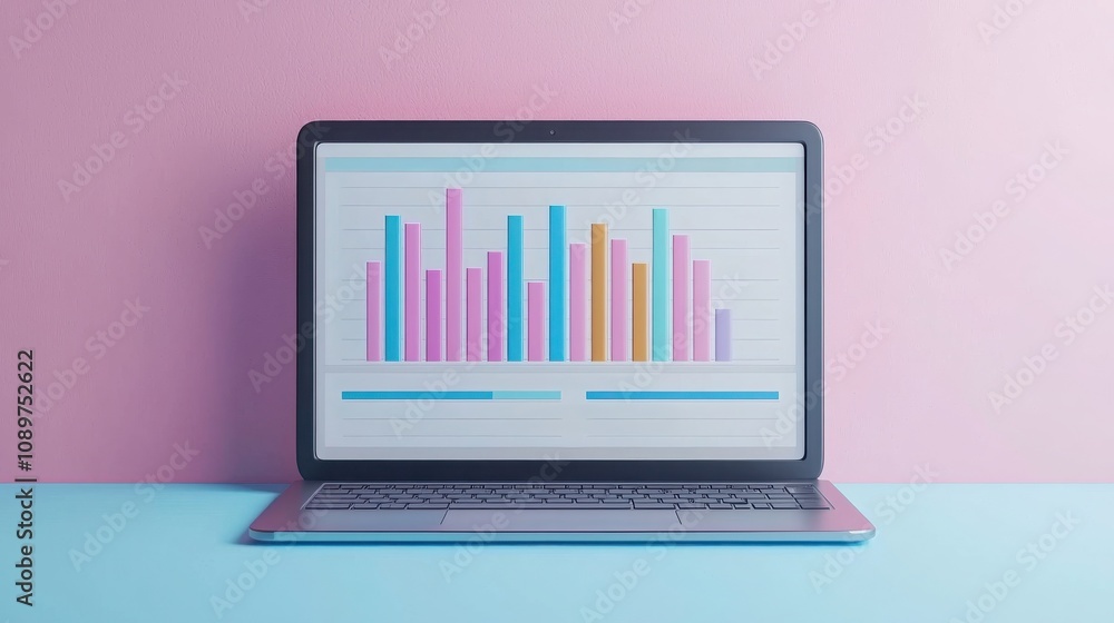 Aufkleber data seo and engagement concept. a laptop displaying colorful bar graphs on a pastel background, rep
