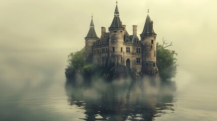 Fototapeta premium A mystical castle shrouded in fog, surrounded by water, creating an ethereal and enchanting atmosphere.