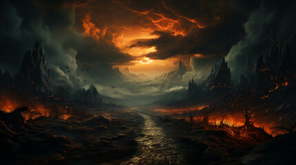 A landscape of dark stormy sky over a dirt road