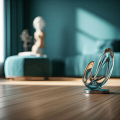 Obraz premium A serene and stylish living room with a focus on a calming blue and white color palette. A large, white sofa dominates the space