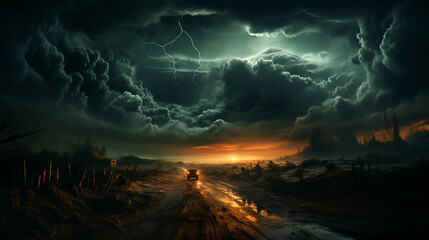 A landscape of dark stormy sky over a dirt road