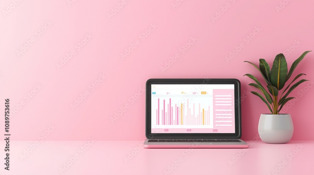 Poster data seo and engagement concept. a stylish workspace featuring a laptop with colorful graphs on a pi
