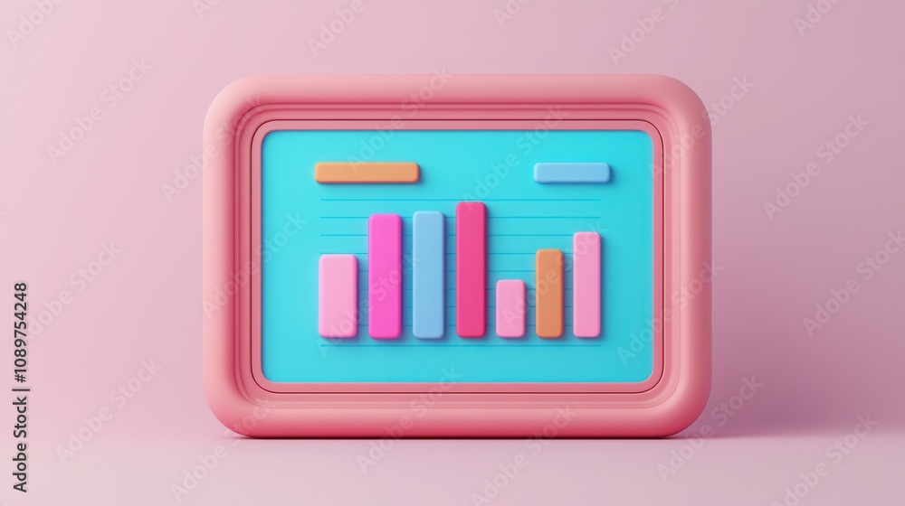 Poster data seo and engagement concept. a colorful 3d bar graph on a turquoise background, framed in pink, 