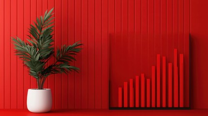 Data SEO And Engagement Concept. A vibrant red interior featuring a potted plant next to a graph artwork, symbolizing growth and modern design.