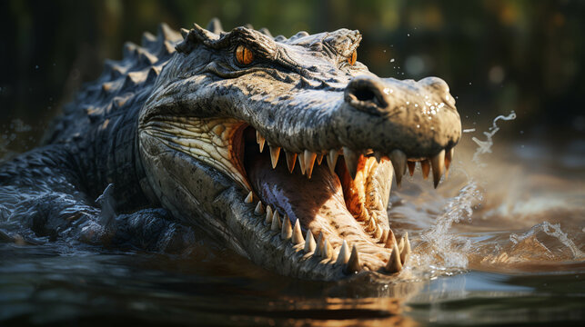 A large alligator in water with open mouth