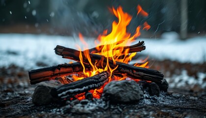 a campfire built in nature, chopped firewood, burning in the flames of a campfire and smoldering coals, after burning wood, a burning flame of a campfire
