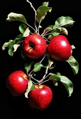 Obraz premium a branch with leaves from a tree with ripe, liquid red apples on a branch on a black background