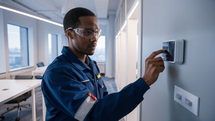Technician Adjusting Thermostat Settings in Modern Office