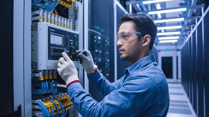 Fototapeta premium Technician Configuring Electrical Panel in Data Center