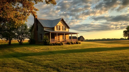 Obraz premium Rustic farmhouse on a sprawling green field at sunrise.