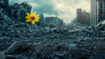 Plakat A vibrant yellow flower blooming amidst the ruins of a destroyed city. Symbolizes hope, resilience, and life emerging. Generative AI