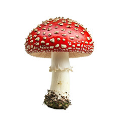 Fly agaric mushroom with vibrant red cap and white spots, isolated on transparent cutout