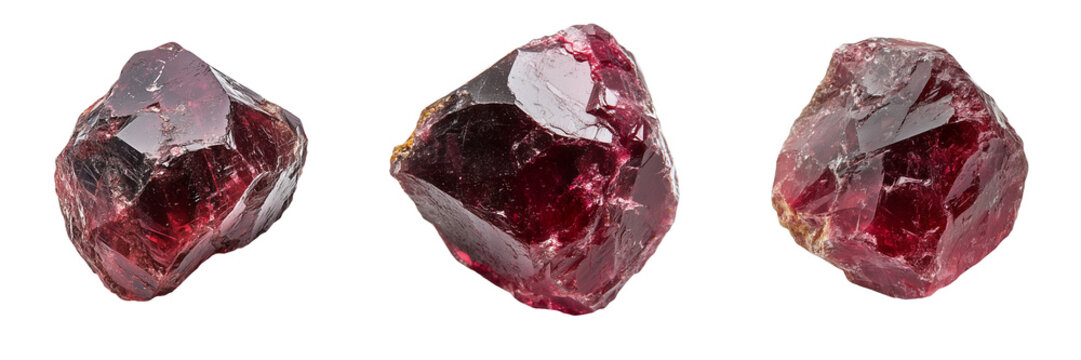 A raw garnet gemstone with rich red hues and a slightly rough texture, isolated on a transparent background