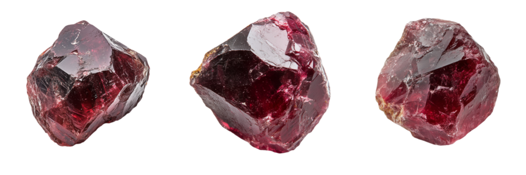 A raw garnet gemstone with rich red hues and a slightly rough texture, isolated on a transparent background