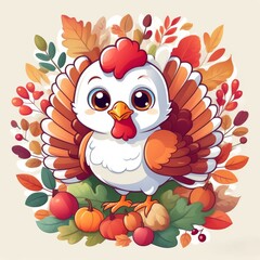 Naklejka premium Cartoon bright in autumn colors, orange style, hand-drawn lush pretty little turkey clipart, Thanksgiving holiday, on a white background