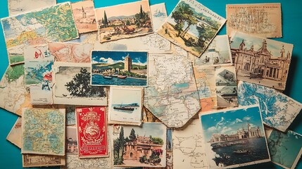 Naklejka premium Vintage postcards and maps showcasing travel memories.