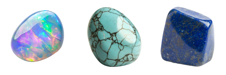 A collection of three polished gemstones isolated on a transparent background: a radiant opal displaying vibrant iridescent hues, a turquoise stone with natural black veining, and a rich lapis lazuli 