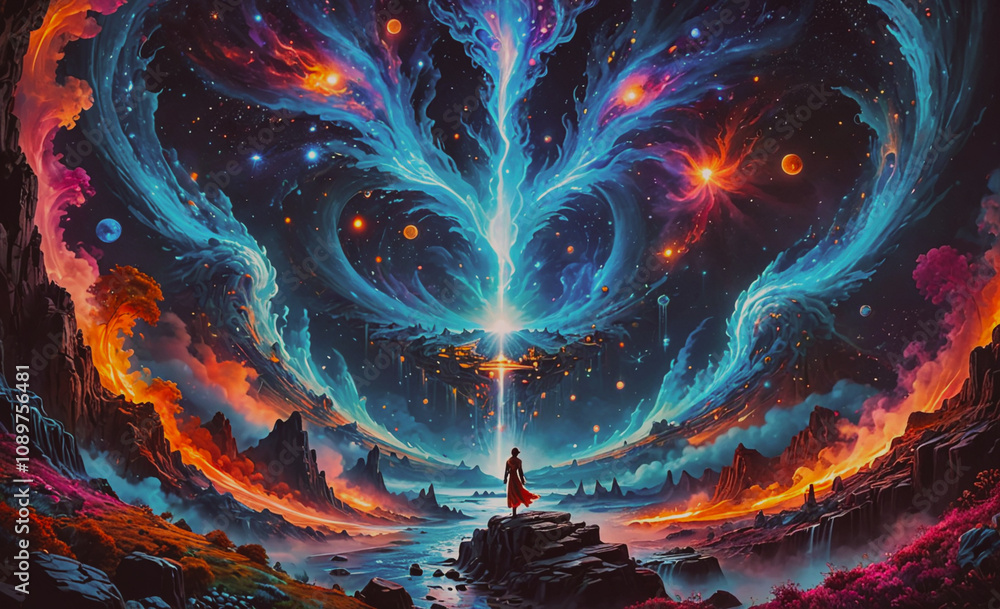 Poster a colorful painting of a man standing on a rock in front of a large tree. the painting is full of br