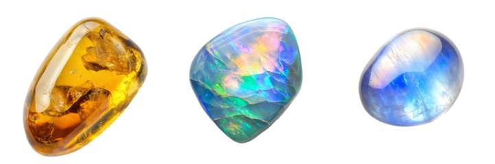 A collection of three polished semi-precious gemstones isolated on a transparent background