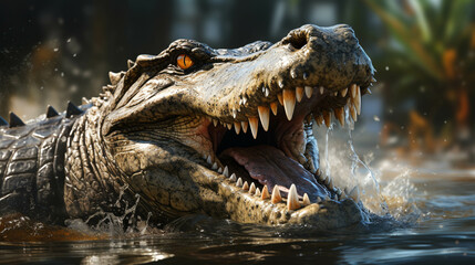 A large alligator in water with open mouth