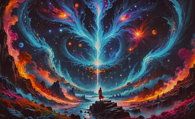A colorful painting of a man standing on a rock in front of a large tree. The painting is full of bright colors and has a dreamy, otherworldly feel to it