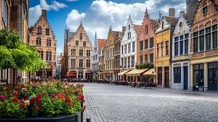 Charming cobblestone street lined with colorful historic buildings and outdoor cafes in a European city.