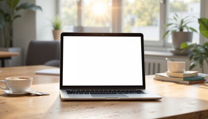 Fototapeta premium Blank laptop mockup on wooden table with coffee and books in a bright, cozy workspace