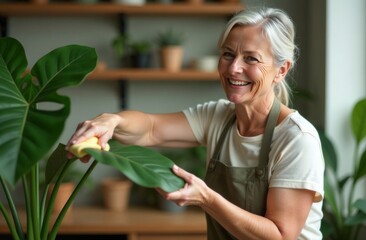 Portrait of a beautiful middle-aged woman wiping leaves of green plants, small cozy garden in apartment