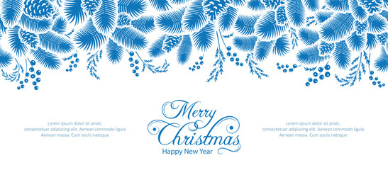 Christmas border with fir branches. Background template for Merry Christmas and Happy New Year greeting card, holiday cover, poster, banner. Isolated blue silhouette on white background. Vector illust