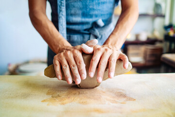 Art craft, Artist work with ceramic at clay pottery workshop studio, Small business, handmade creativity concept