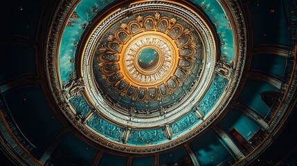 Obraz premium Ornate circular ceiling with gold and teal details.
