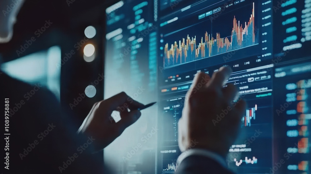 Poster analyst reviewing financial data on large screen