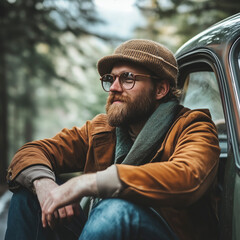 Fototapeta premium Man sitting outside his car.