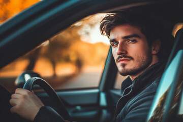 Obraz premium Man driving his car in the city.