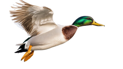 Obraz premium Side view of a white, green and brown Flying Mallard Drake on white background